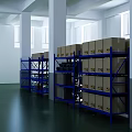 Warehouse Storage Area Featuring Blue Shelves Cardboard Boxes White Walls And Green Floor
