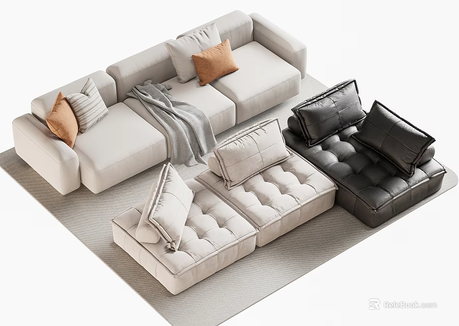 Modern Two Seater Sofa In Beige White Black With Soft Pillows And Throw Blanket 3d model 