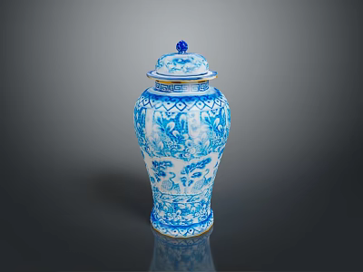 Sculpture Carving Of Blue And White Porcelain Vase With Intricate Patterns And Decorative Lid 3d model
