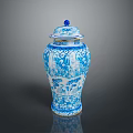 Sculpture Carving Of Blue And White Porcelain Vase With Intricate Patterns And Decorative Lid
