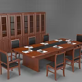 Wooden Conference Table with Black Leather Chairs and Glass Door Wooden Cabinet in Office Setting