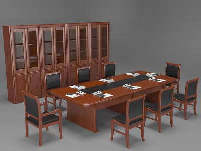 Wooden Conference Table with Black Leather Chairs and Glass Door Wooden Cabinet in Office Setting 3d model