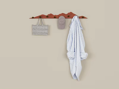 Functional Wall Mounted Rack with Striped Tote Bag Knitted Hat and Blue White Checkered Shirt 3d model