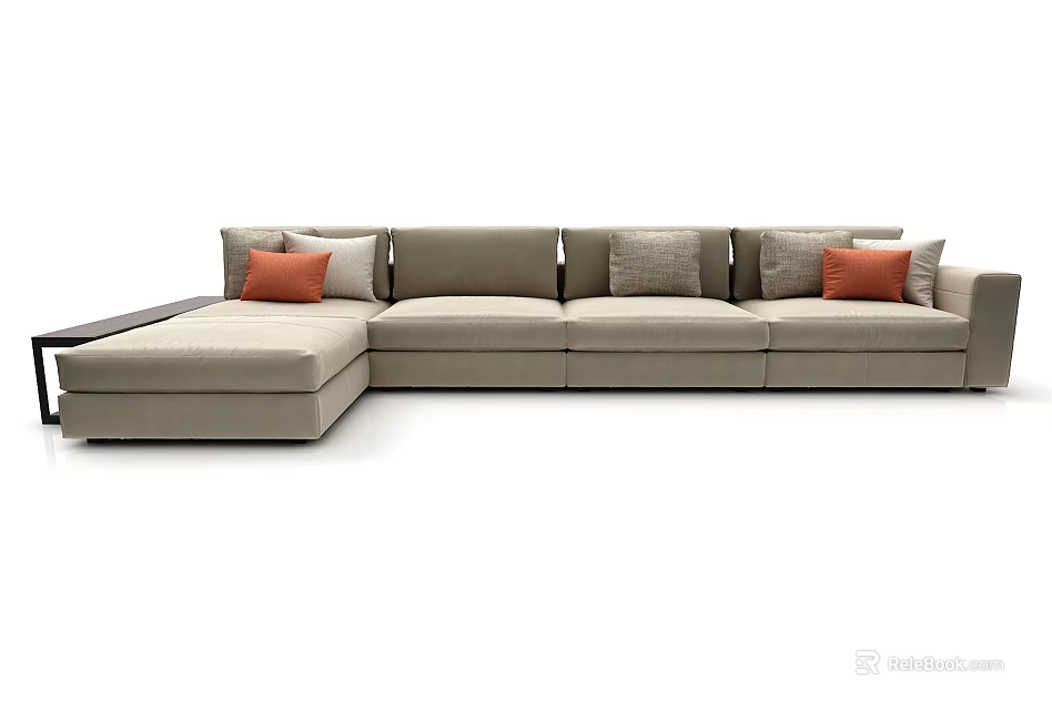 Light Gray Sectional Sofa With Upholstered Design And Orange Accent Cushions 3d model
