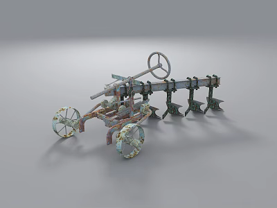 Vintage Agricultural Utility Vehicle With Steering Wheel Multiple Plow Blades and Wheels 3d model