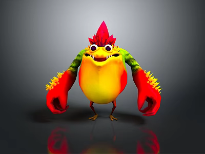 Colorful Cartoon Monster Character With Red Crest Yellow Body Green Arms And Spiky Claws 3d model