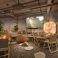 Modern Industrial Restaurant Interior With Green Plants Stone Stepping Stones And Bar Counter