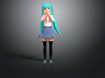 3D Anime Character With Turquoise Long Hair Red Bow Tie And Blue Skirt 3d model