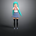 3D Anime Character With Turquoise Long Hair Red Bow Tie And Blue Skirt