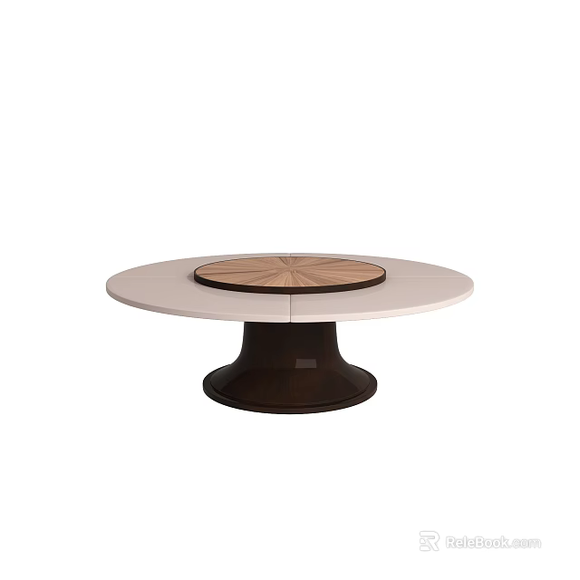 Round Modern Dining Table With Light Colored Tabletop And Wooden Inlay Dark Base 3d model