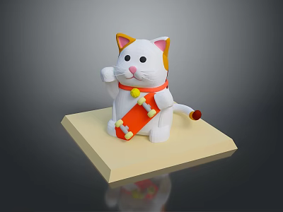 White Cat With Orange Ears Red Collar Yellow Bell And Red Scroll On Yellow Base 3d model
