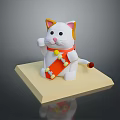 White Cat With Orange Ears Red Collar Yellow Bell And Red Scroll On Yellow Base