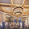 Elegant Banquet Hall with Crystal Chandeliers Wooden Ceiling White Tables and Chairs