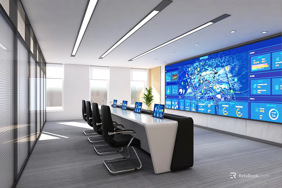 Modern Monitoring Room Interior Featuring Large Display Screens Control Console Ergonomic Chairs And Ceiling Lights 3d model 