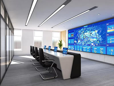 Modern Monitoring Room Interior Featuring Large Display Screens Control Console Ergonomic Chairs And Ceiling Lights 3d model