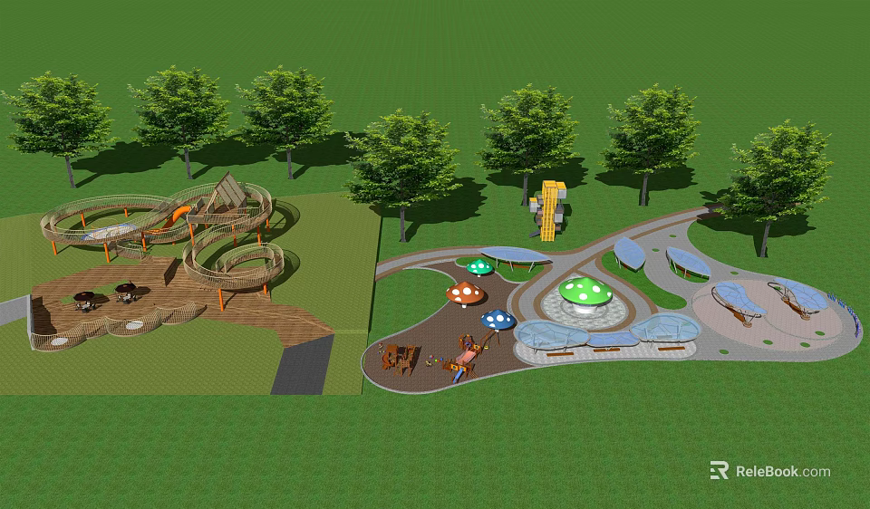 Outdoor Kids Playground With Slide Structures Mushroom Shapes Trees Benches And Lawn 3d model 