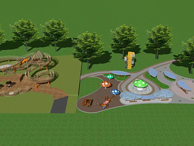 Outdoor Kids Playground With Slide Structures Mushroom Shapes Trees Benches And Lawn 3d model