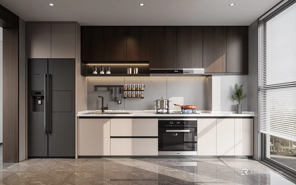 Modern Kitchen Interior Design With Dark Light Cabinets Countertop And Appliances 3d model 