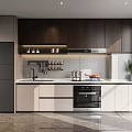 Modern Kitchen Interior Design With Dark Light Cabinets Countertop And Appliances 3d model