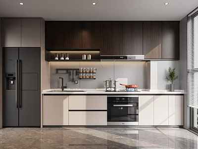 Modern Kitchen Interior Design With Dark Light Cabinets Countertop And Appliances 3d model