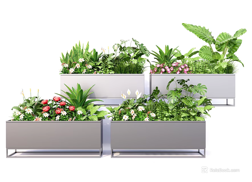 Modern Rectangular Metal Flower Planters With Various Green Plants And Flowers 3d model 