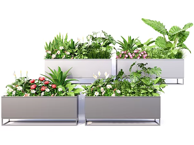 Modern Rectangular Metal Flower Planters With Various Green Plants And Flowers 3d model