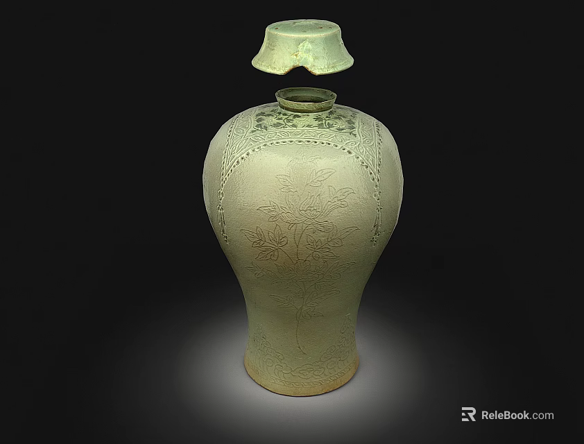 Light Green Ceramic Vase With Intricate Patterns And Removable Lid On Dark Background 3d model 