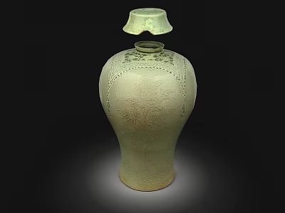 Light Green Ceramic Vase With Intricate Patterns And Removable Lid On Dark Background 3d model