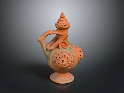 Reddish Brown Terracotta Household Vessel With Spire Top Curved Handle And Hollowed Patterns 3d model
