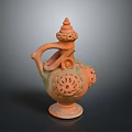 Reddish Brown Terracotta Household Vessel With Spire Top Curved Handle And Hollowed Patterns