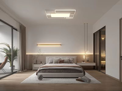 Modern Bedroom Interior With Wooden Flooring Light Colored Rug Square Ceiling Light And Gray Curtains 3d model