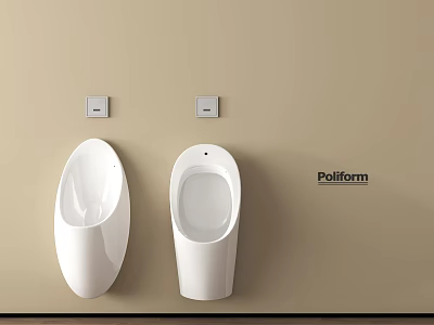 White Wall Mounted Urinals In Modern Restroom With Beige Wall And Poliform Brand 3d model