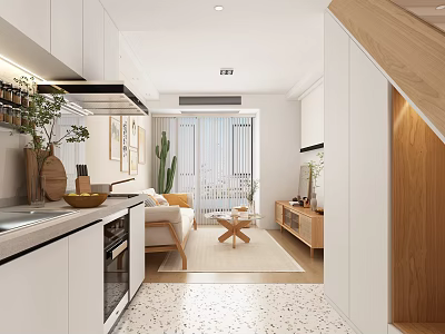 Modern Apartment Interior Design Open Kitchen Living Room with White Cabinets Sofa and Green Plants 3d model