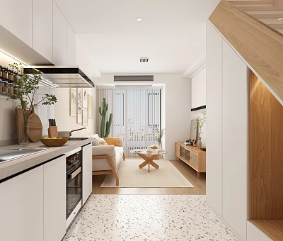 Modern Apartment Interior Design Open Kitchen Living Room with White Cabinets Sofa and Green Plants 3d model