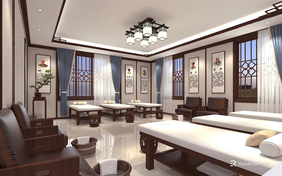 Traditional Chinese Massage Room Interior with Wooden Furniture Decorative Paintings and Lattice Windows 3d model 
