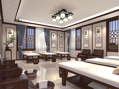 Traditional Chinese Massage Room Interior with Wooden Furniture Decorative Paintings and Lattice Windows 3d model