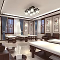 Traditional Chinese Massage Room Interior with Wooden Furniture Decorative Paintings and Lattice Windows