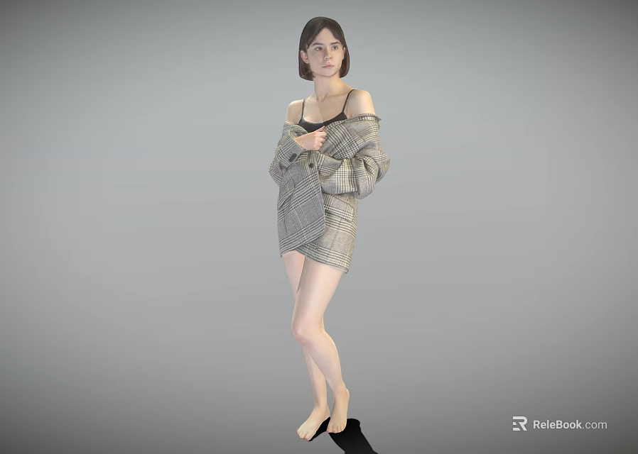 Woman in Plaid Cardigan and Shorts Standing Barefoot Against Gray Background with Hands on Outfit 3d model 