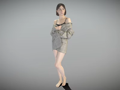 Woman in Plaid Cardigan and Shorts Standing Barefoot Against Gray Background with Hands on Outfit 3d model