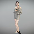 Woman in Plaid Cardigan and Shorts Standing Barefoot Against Gray Background with Hands on Outfit