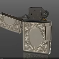 Silver Metal Lighter With Intricate Engraved Patterns And Open Lid Design