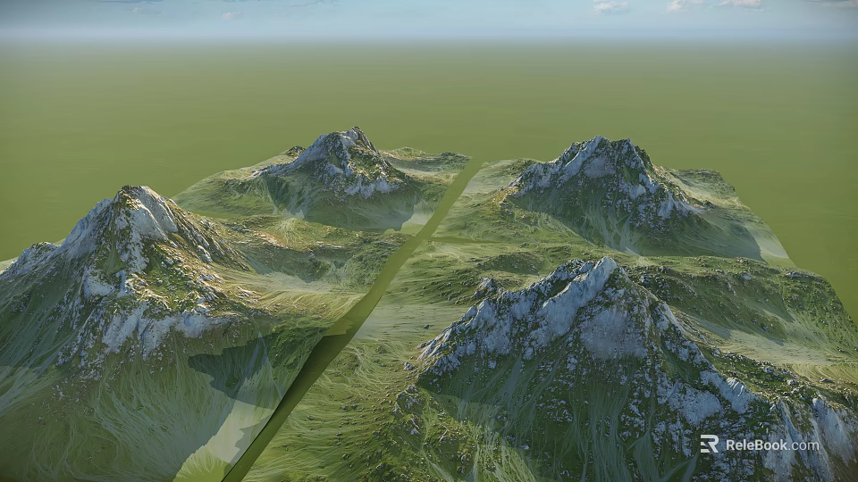 Scenic Green Mountain Garden Landscape With Multiple Peaks And Winding Path 3d model 