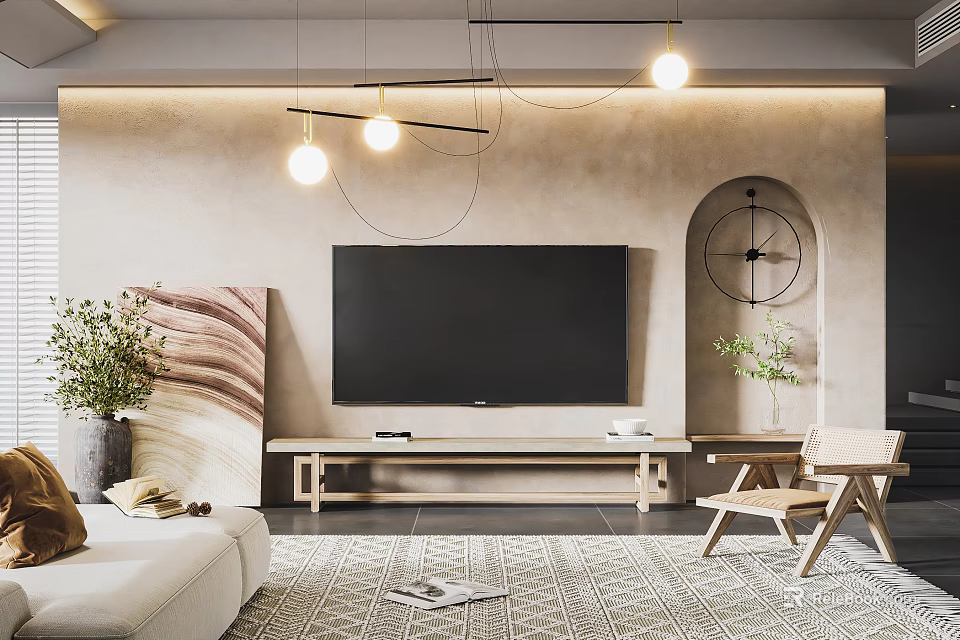 Modern TV Background Wall Design With Beige Texture Arch Decor Hanging Lights And Clock 3d model 