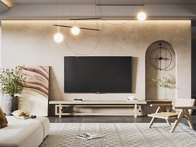 Modern TV Background Wall Design With Beige Texture Arch Decor Hanging Lights And Clock 3d model