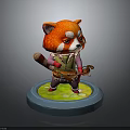 Red Panda Figurine Wearing Green Outfit Holding Instrument On Base With Green Grass Yellow Flowers