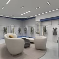 Elegant Clothing Store Interior with Hanging Clothes Racks Blue Walls Sofa Mirrors and Modern Lighting