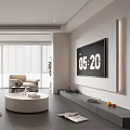 Modern Living Room Interior With Sofa Round Coffee Table TV Floor to Ceiling Window Blinds