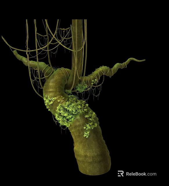 Tropical Plant With Twisted Vines Green Moss And Small Leaves On Trunk 3d model 