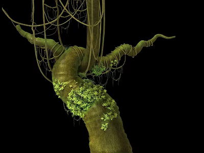 Tropical Plant With Twisted Vines Green Moss And Small Leaves On Trunk 3d model