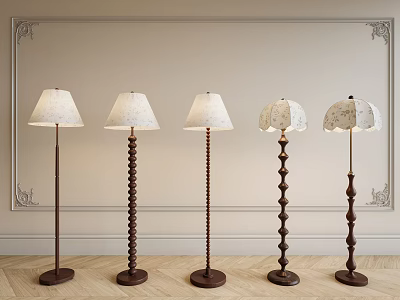 Elegant Floor Lamps With Light Shades Against Decorative Wall And Wooden Floor 3d model